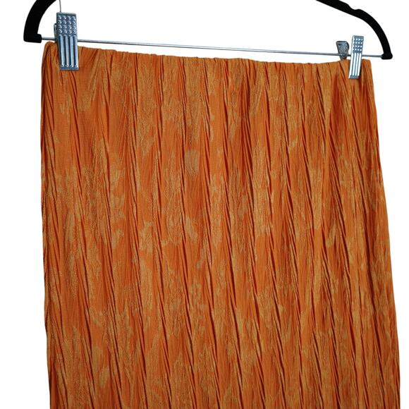 Zara Jacquard Pleated Midi Skirt Womens Size Large Orange Stretchy Raw Edge Hem - Picture 2 of 8
